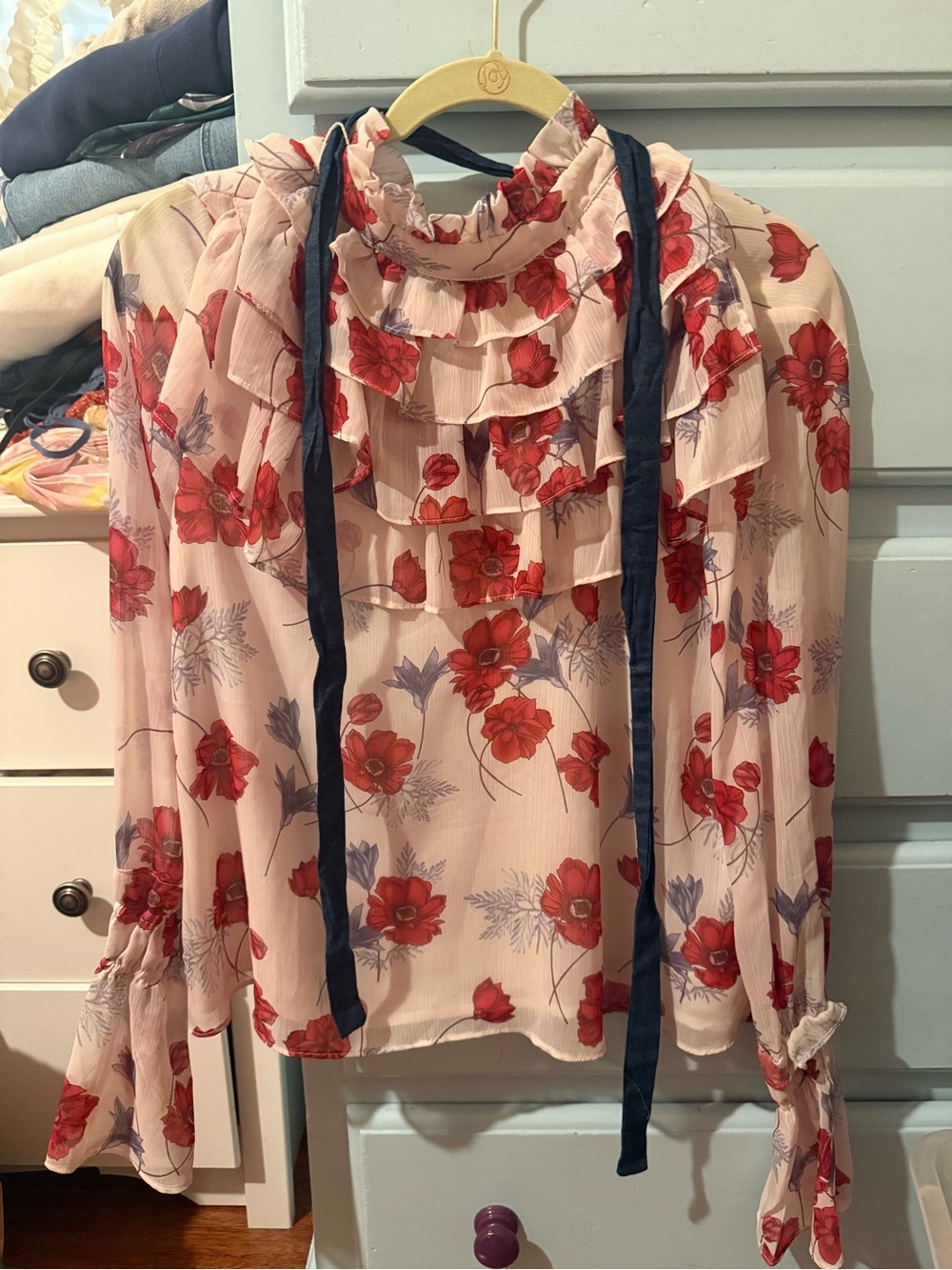 Endless Rose -  Ruffle High-Neck Blouse with Tie - Red Floral on Cream